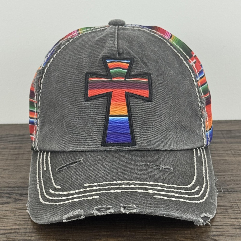 Serape Cross Hat Cap Strap Back Black Gray Rainbow Distressed Mens KBETHOS Patch